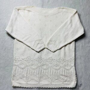 Vintage Beldoch Popper Womens White Boat Neck Embroidered Eyelet Sweater Sz M